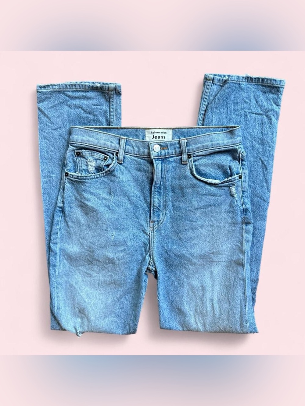 Reformation Jeans Liza High Rise Straight Leg Jeans Crete Destroyed Light Wash